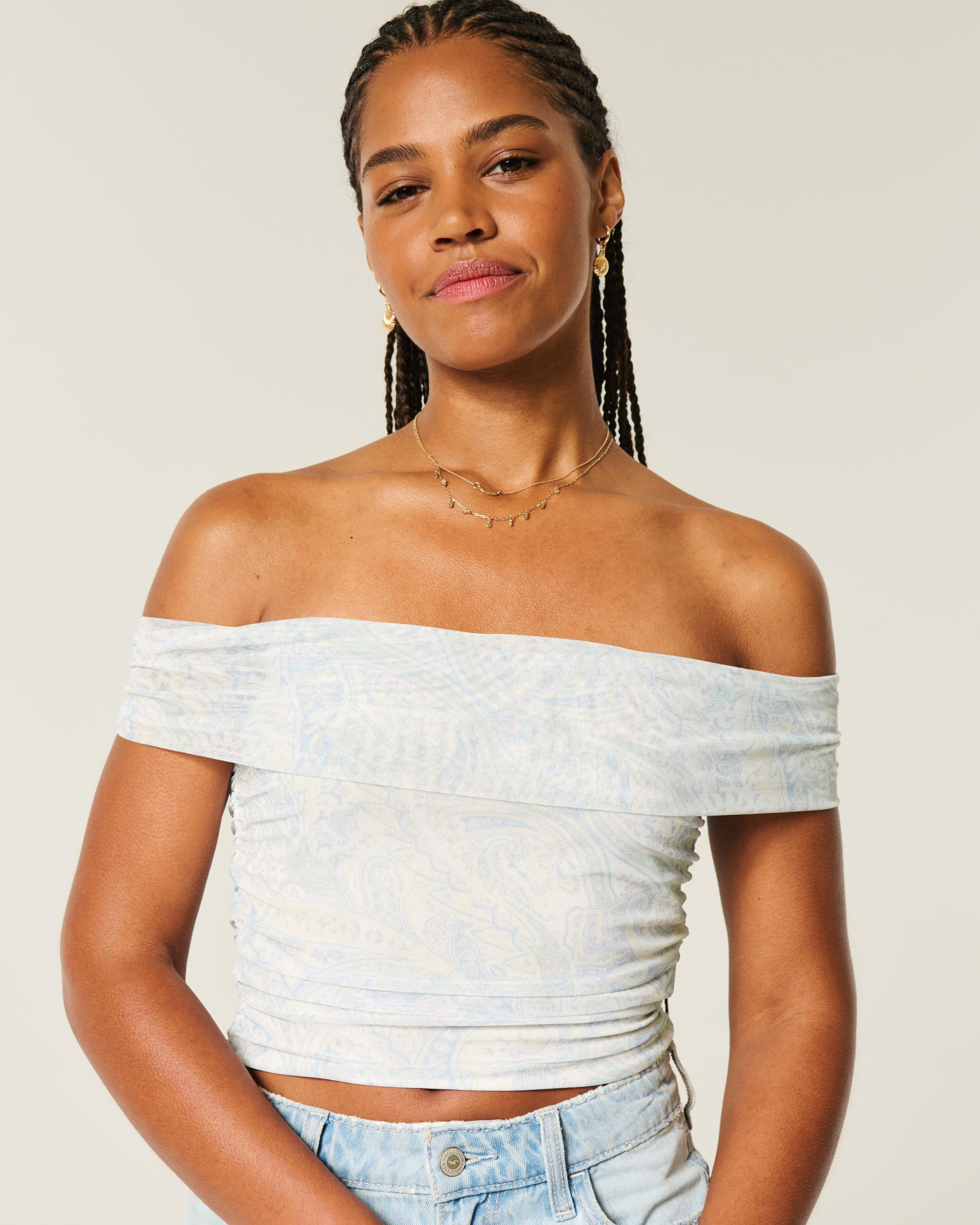 Mesh Foldover Off-the-Shoulder Top Product Image
