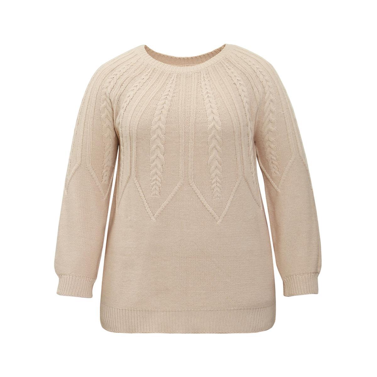 Plus Size Solid Textured Lantern Sleeve Pullover Tan Women Basics Long Sleeve Round Neck Everyday Pullovers BloomChic 30/6X Product Image