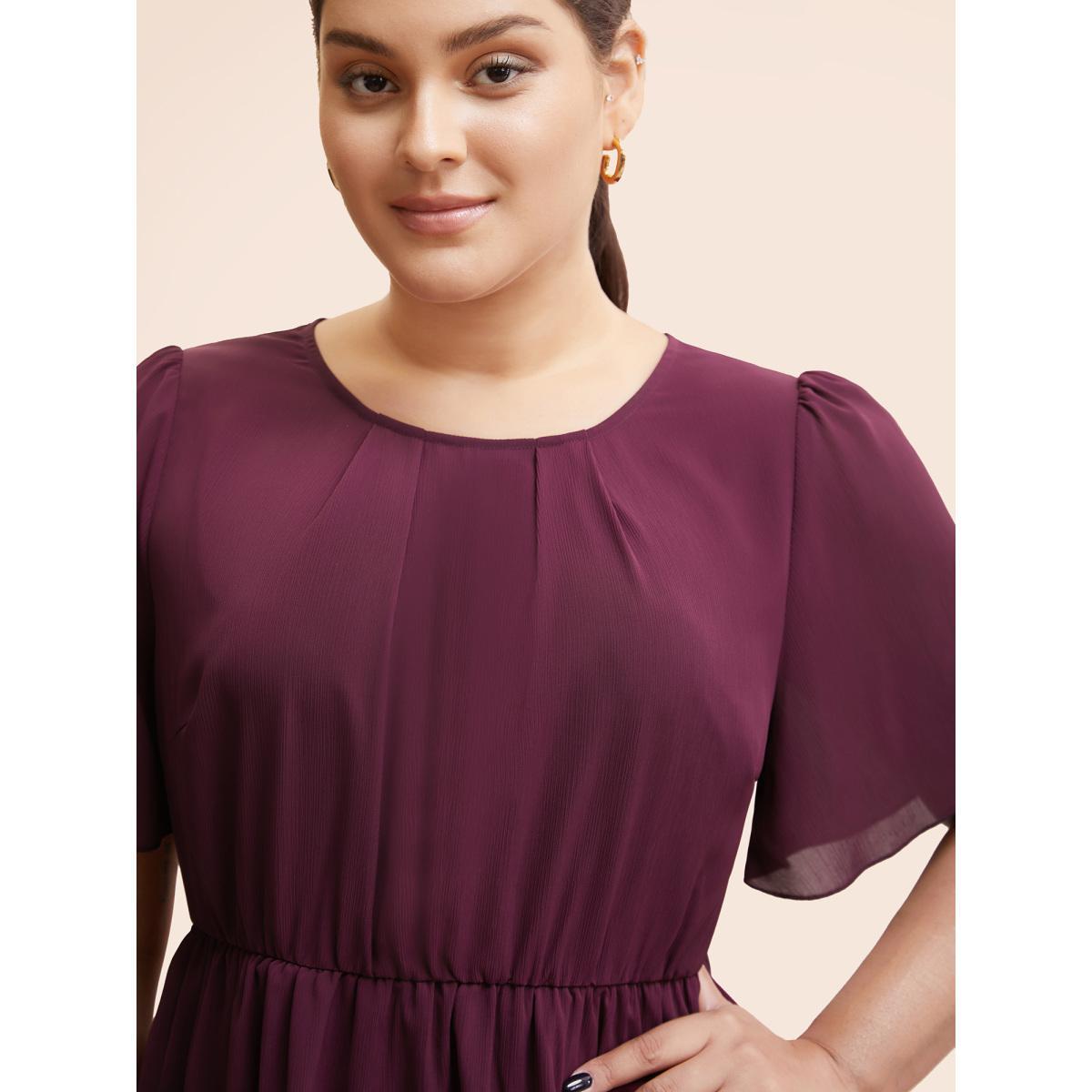 Plus Size Plum Solid Elastic Waist Ruffle Sleeve Blouse Women Workwear Essentials Short sleeve Round Neck Work Blouses BloomChic 22-24/3X Product Image