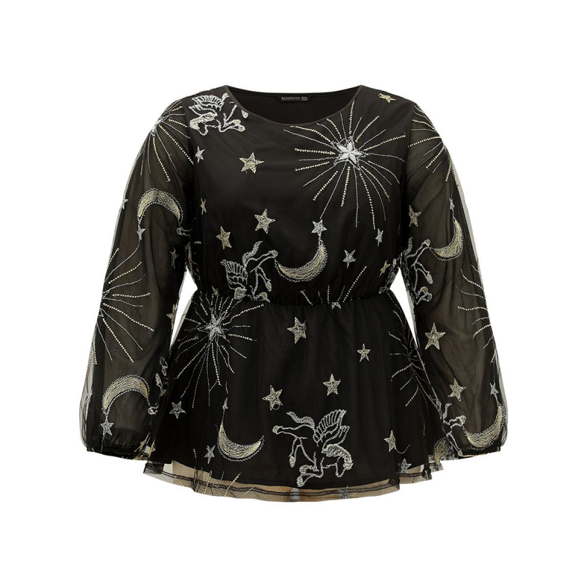 Plus Size Black Halloween Star Elastic Waist Mesh Patchwork Lantern Sleeve Blouses Women Elegant Long Sleeve Round Neck Festival-Halloween Blouses BloomChic 22-24/3X Product Image