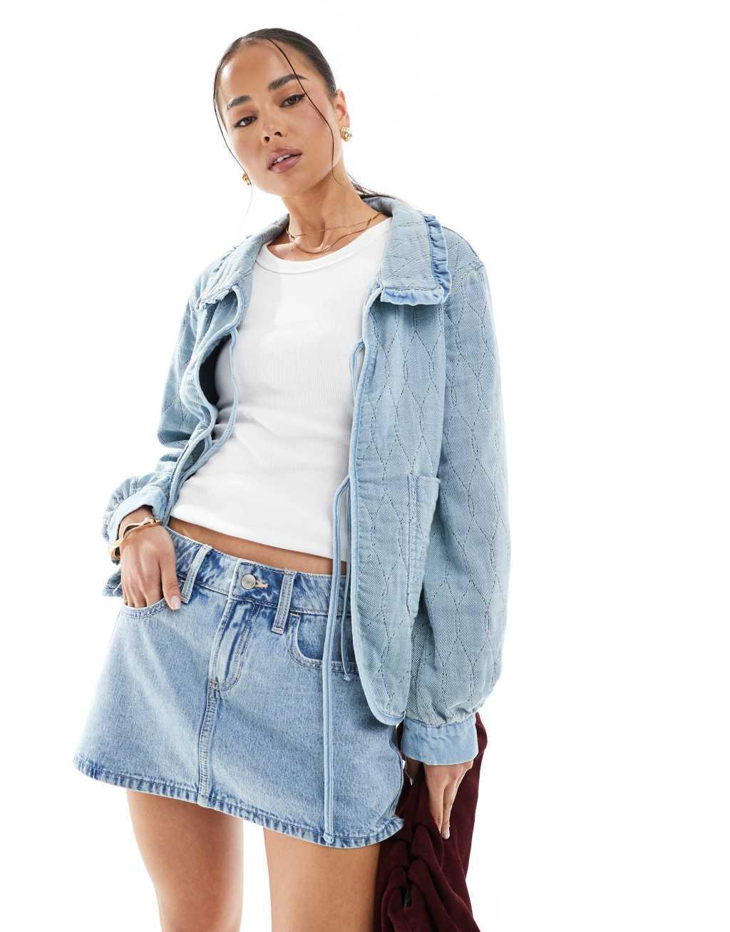 Hollister applique low rise denim mini skort in light wash Product Image