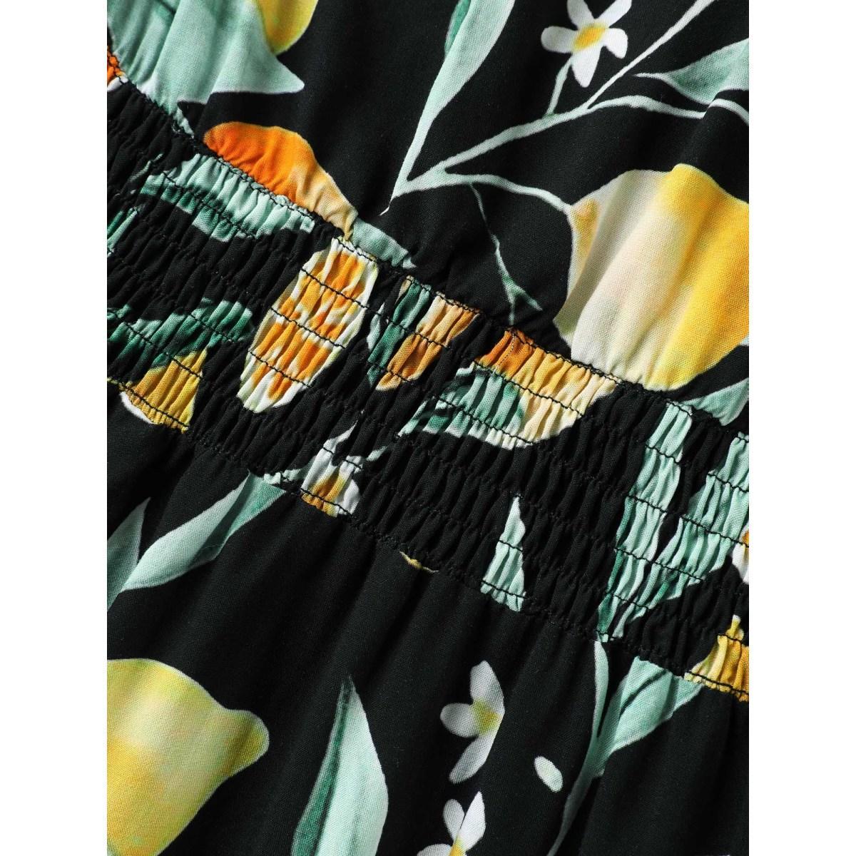 Plus Size Citrus Print Overlap Neck Shirred Midi Dress Black Women Overlap Collar Short sleeve Curvy BloomChic 10/M Product Image