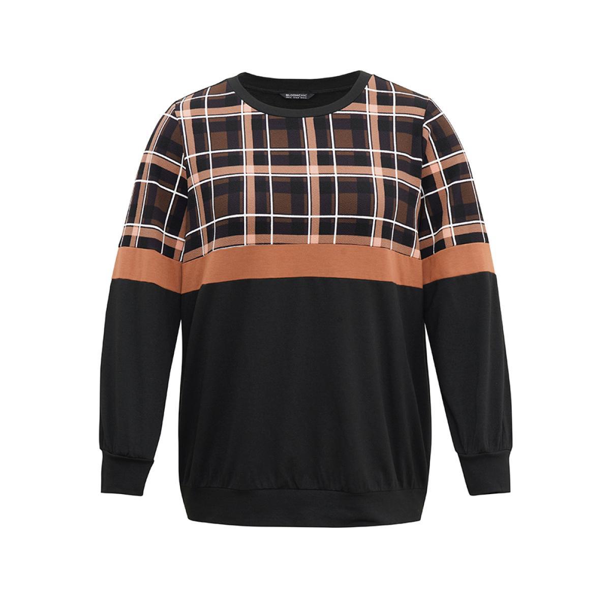 Plus Size Colorblock Plaid Contrast Crew Neck Sweatshirt Women Black Casual Contrast Round Neck Dailywear Sweatshirts BloomChic 22-24/3X Product Image