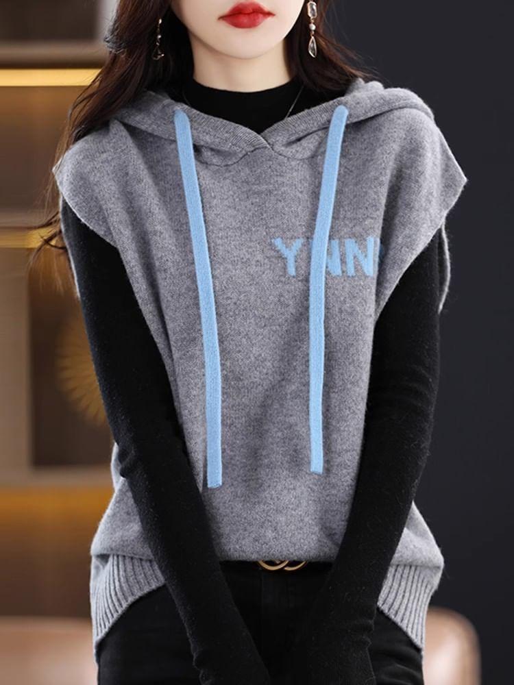 Lettering Print Drawstring Hooded Sweater Vest Product Image