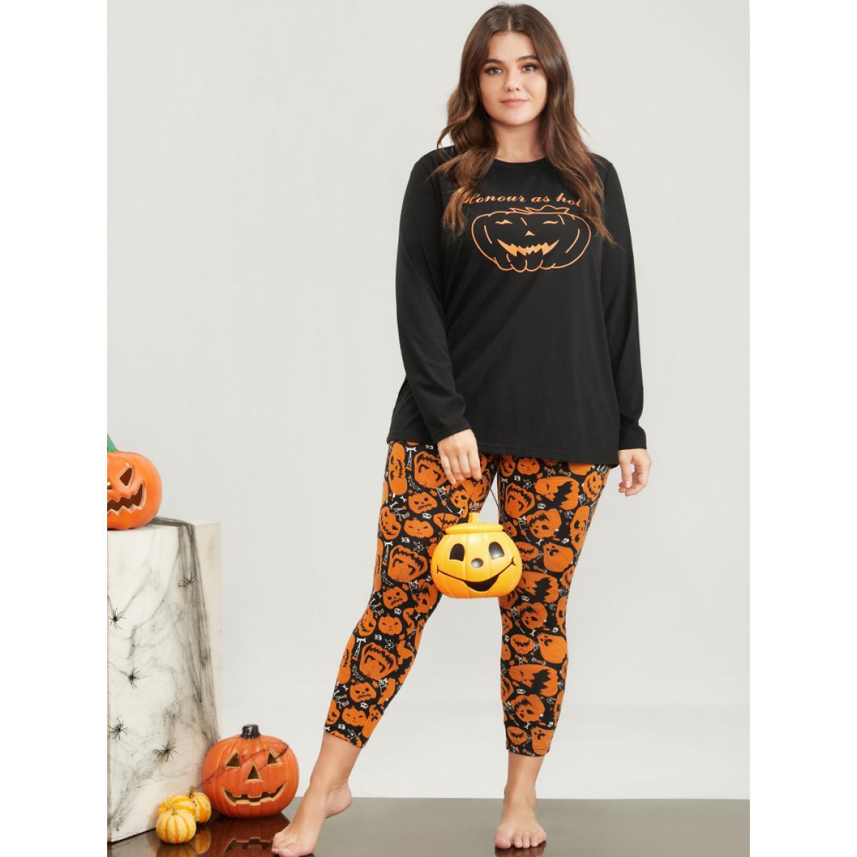 Plus Size Halloween Pumpkin Print Party Pajama Set Women Orange Graphic-Halloween Printed Long Sleeve Round Neck Casual Loungewear Sets BloomChic 14-16/1X Product Image