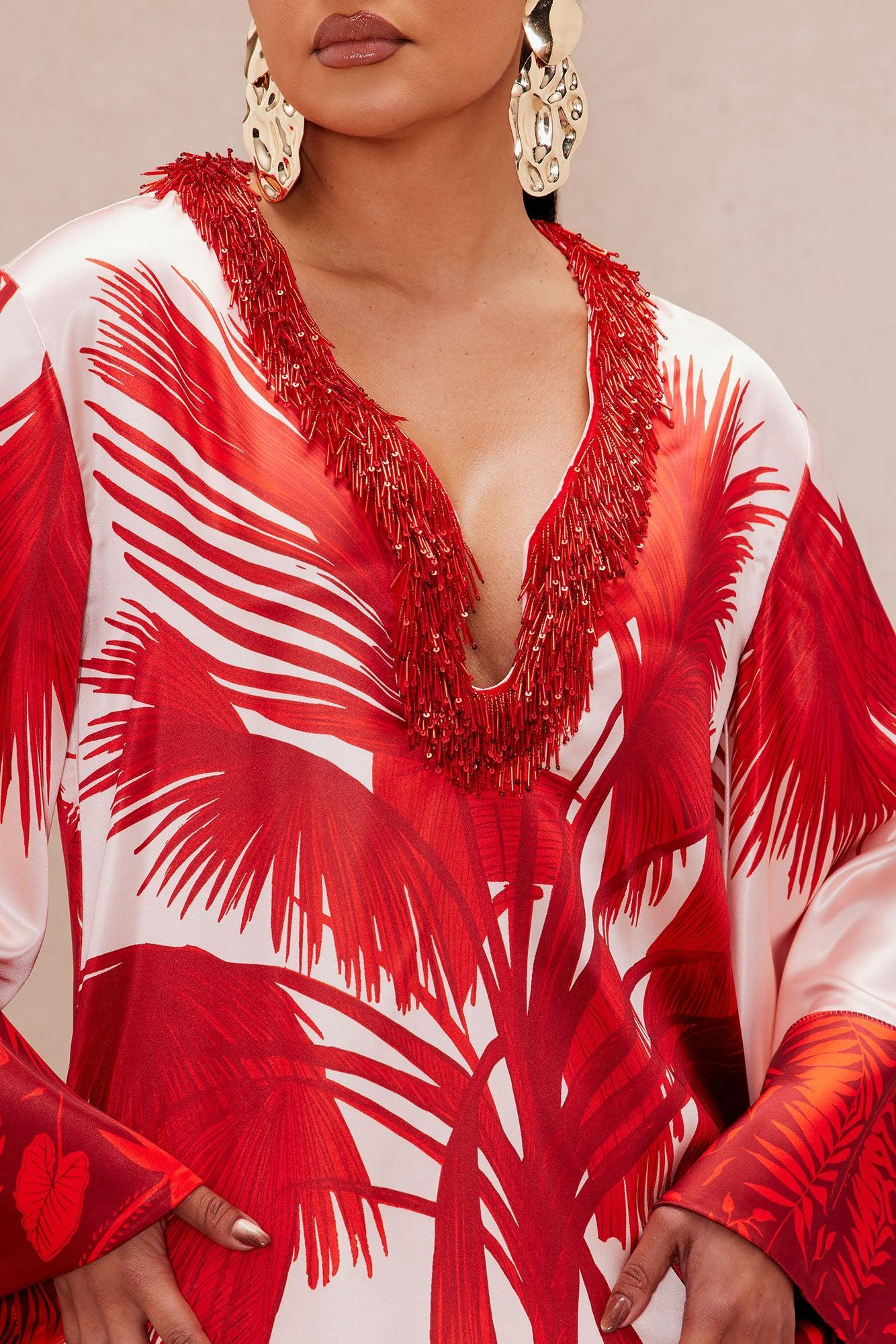 Selena Satin Kaftan Maxi Dress - Red/combo Product Image