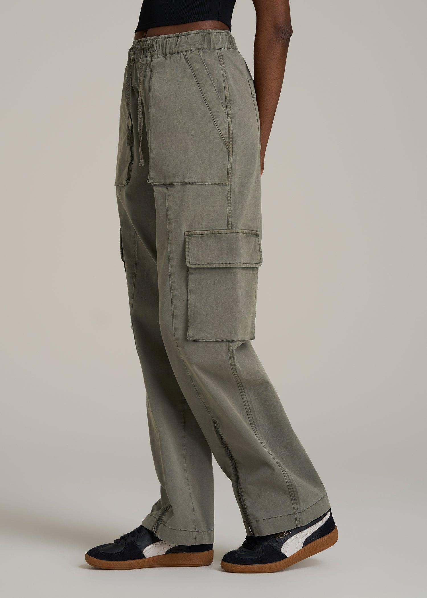 High Rise Garment Dyed Baggy Cargo Pants for Tall Women in Camper Green Product Image