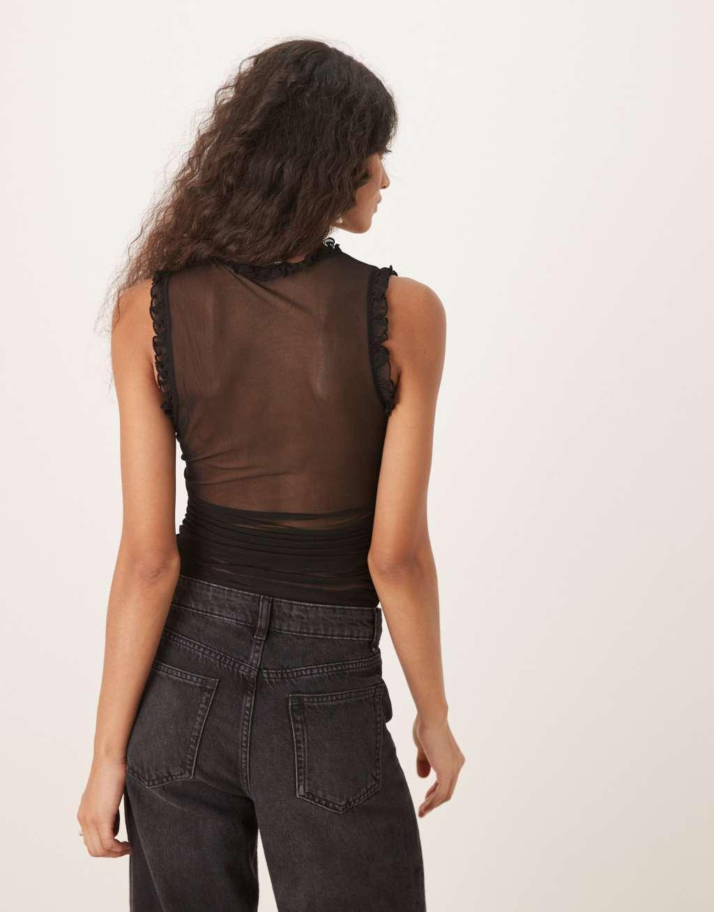 ASOS DESIGN mesh frill gathered tank top in black Product Image
