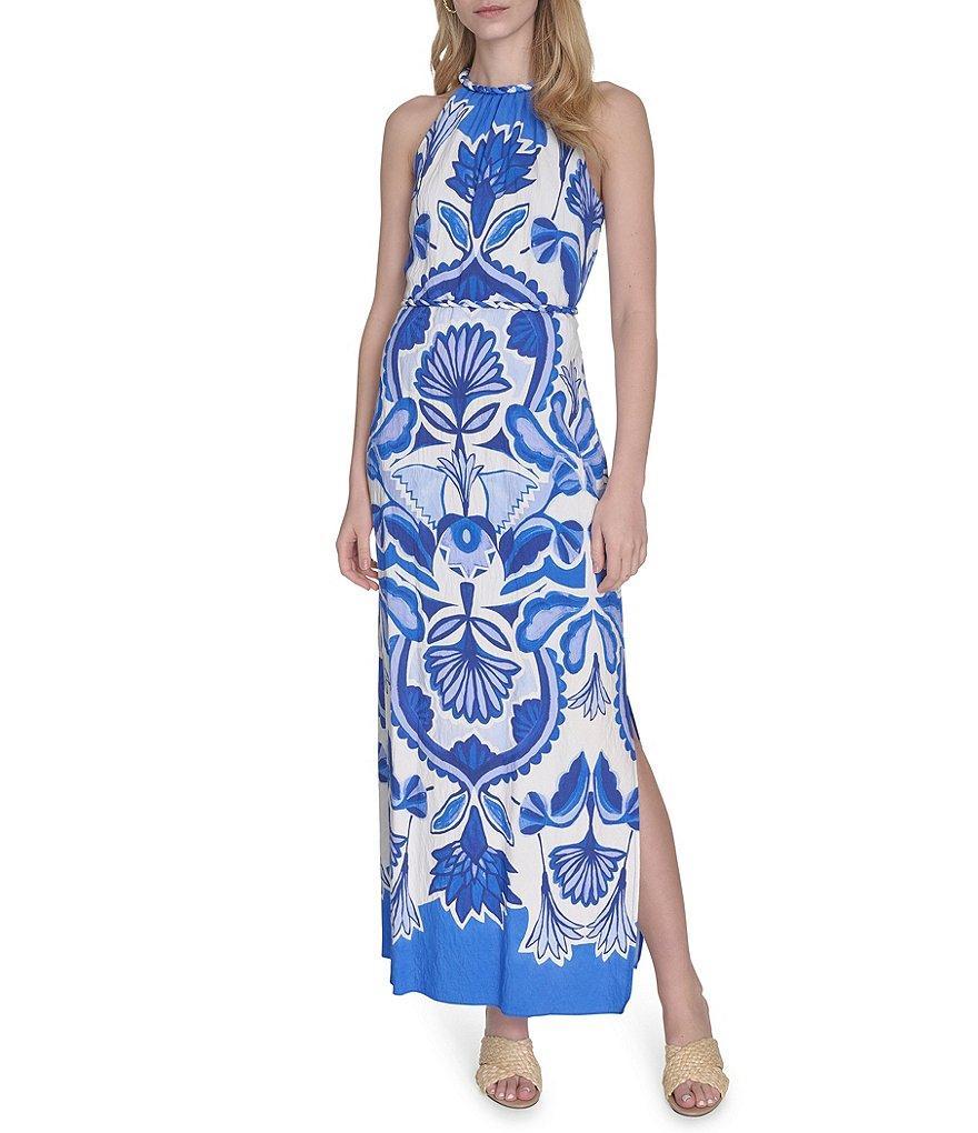 Vince Camuto Printed Halter Neck Sleeveless Belted Maxi A-Line Dress Product Image