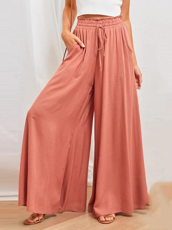 High Waisted Loose Drawstring Elasticity Pockets Solid Color Pants Trousers Product Image