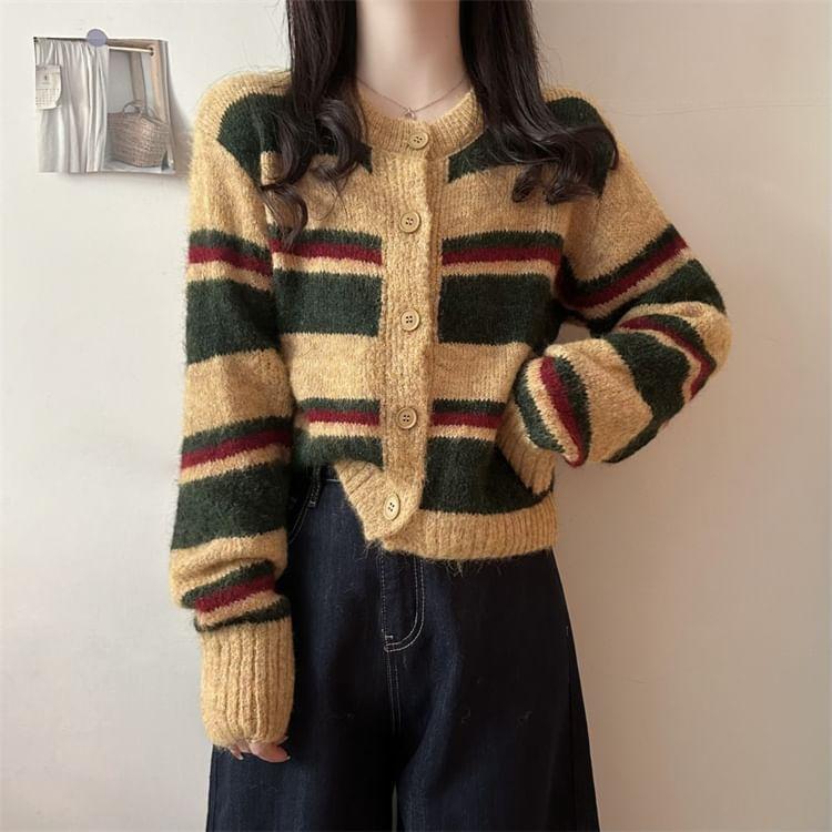 Round Neck Striped Cardigan Product Image