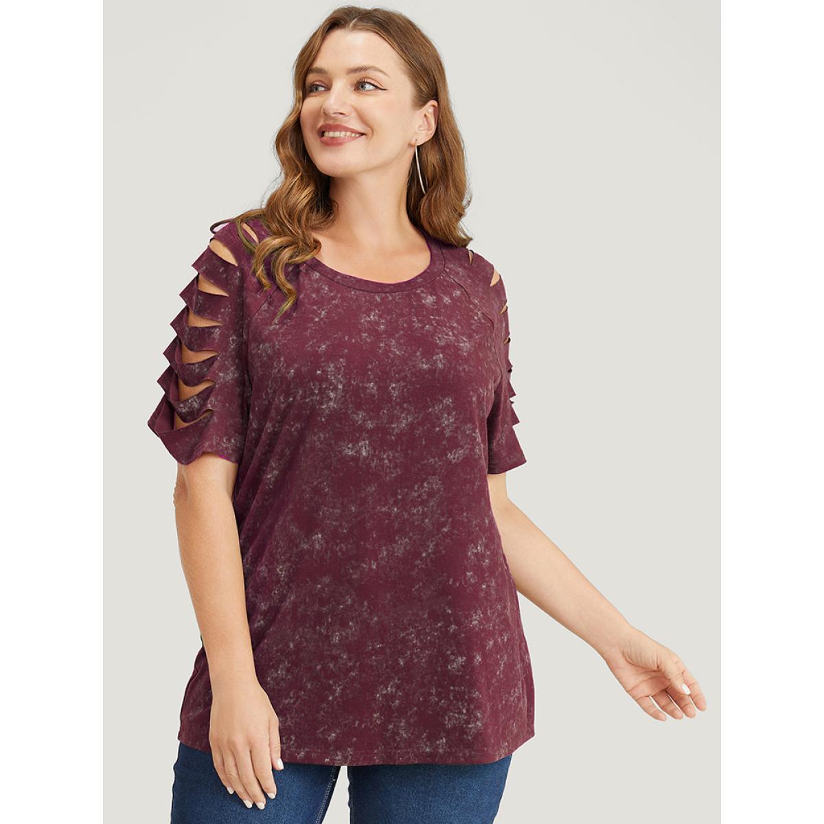 Plus Size Solid Cut Out Raglan Sleeve T-shirt Burgundy Women Casual Cut-Out Plain Round Neck Dailywear T-shirts BloomChic 12/L Product Image