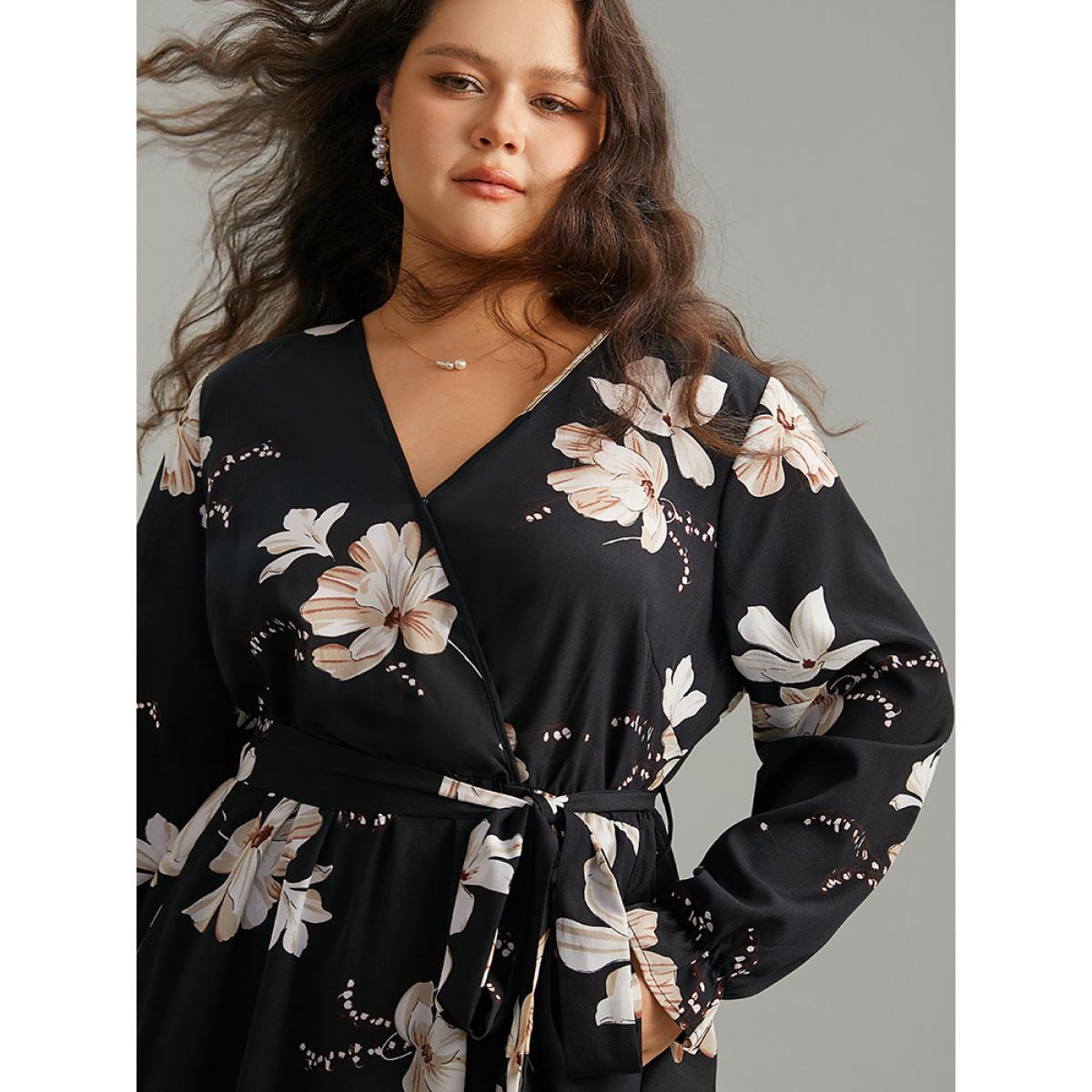 Plus Size Floral Print Flutter Sleeve Belted Surplice Neck Dress Black Women Elegant Wrap Overlap Collar Long Sleeve Curvy Midi Dress BloomChic 26/4X Product Image