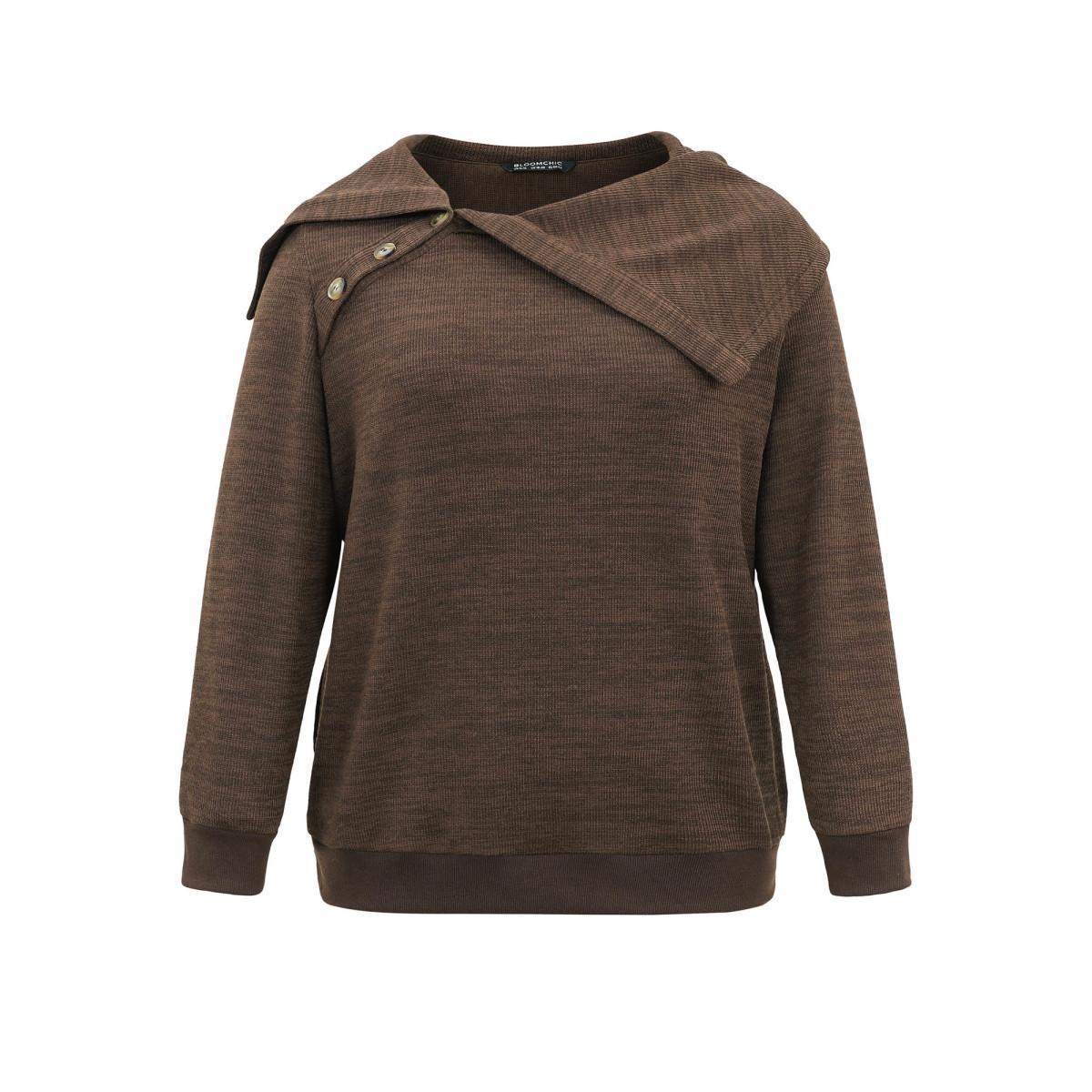 Plus Size Plisse Lapel Collar Button Detail Sweatshirt Women DarkBrown Casual Texture Lapel Collar Dailywear Sweatshirts BloomChic 30/6X Product Image