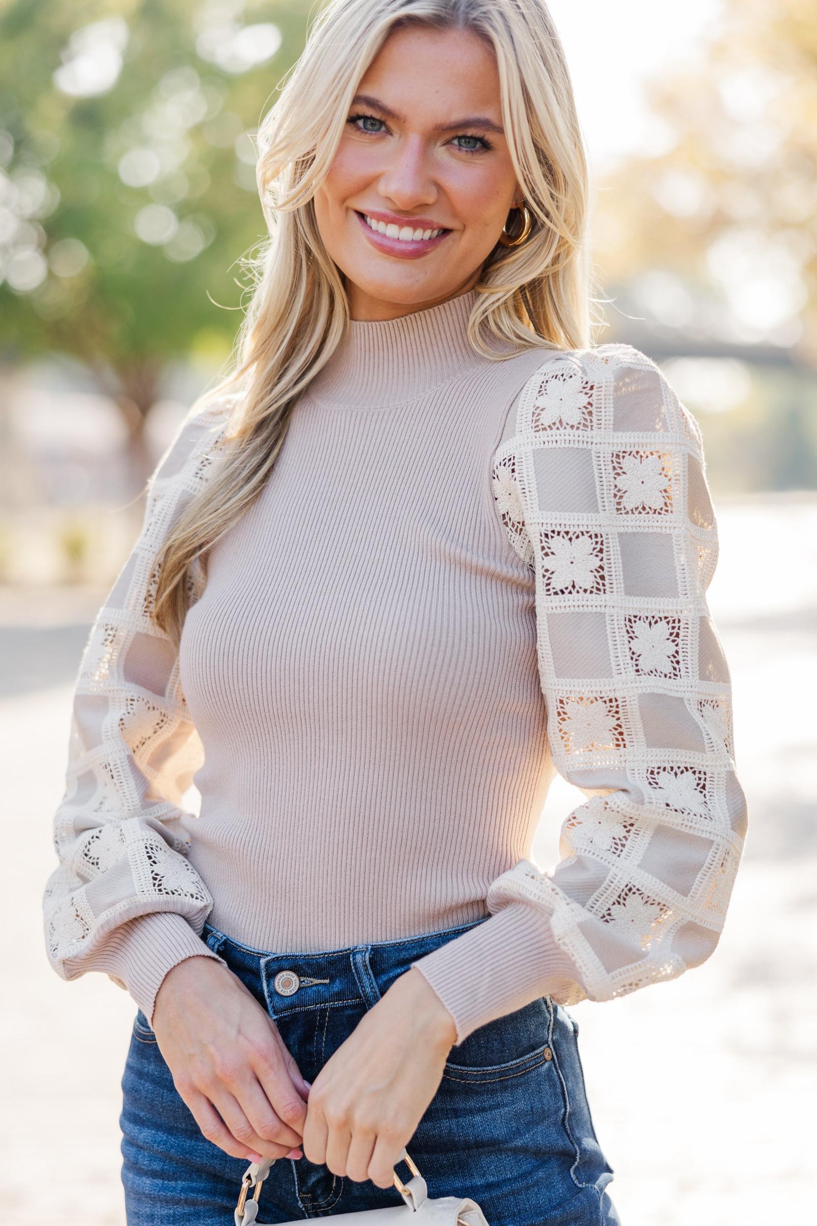 It's All Fair Light Mocha Crochet Sweater Female Product Image