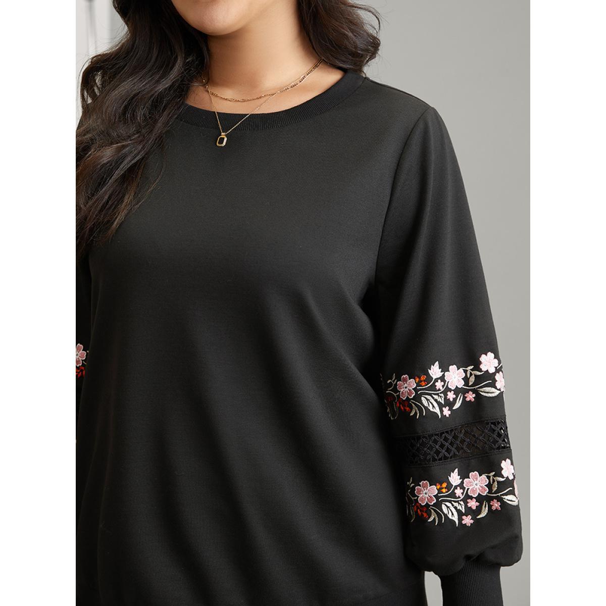 Plus Size Floral Embroidered Lace Insert Sweatshirt Women Black Elegant Lace Round Neck Dailywear Sweatshirts BloomChic 22-24/3X Product Image