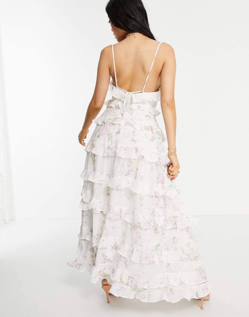 Ever New Petite ruffle waterfall midi dress in soft botanic print Product Image