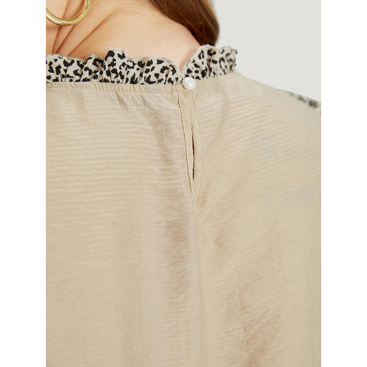 Plus Size Apricot Leopard Patchwork Halter Frill Trim Flutter Sleeve Blouse Women Elegant Cap Sleeve Halter neck Dailywear Blouses BloomChic 30/6X Product Image