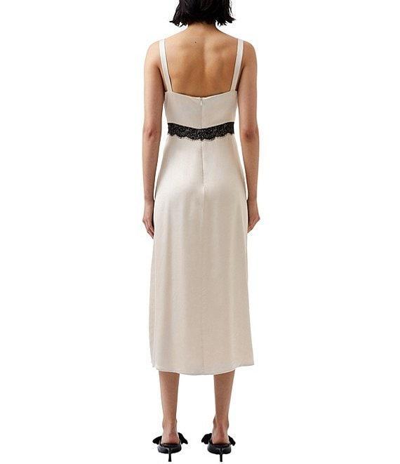 French Connection Ennis Satin V-Neck Sleeveless Lace Midi Dress Product Image