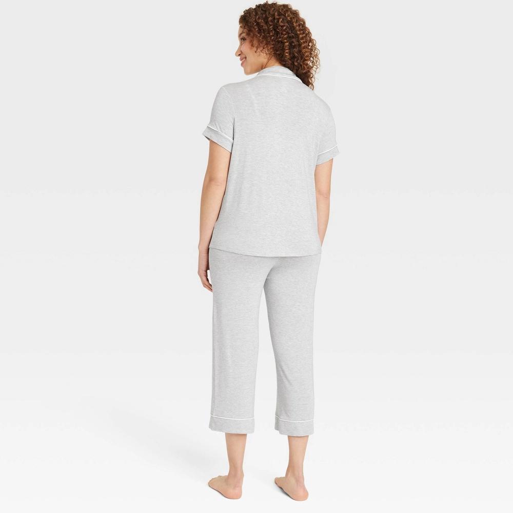 Womens Cloud Knit Short Sleeve Notch Collar Top and Cropped Pants Pajama Set - Auden Heathered L Product Image