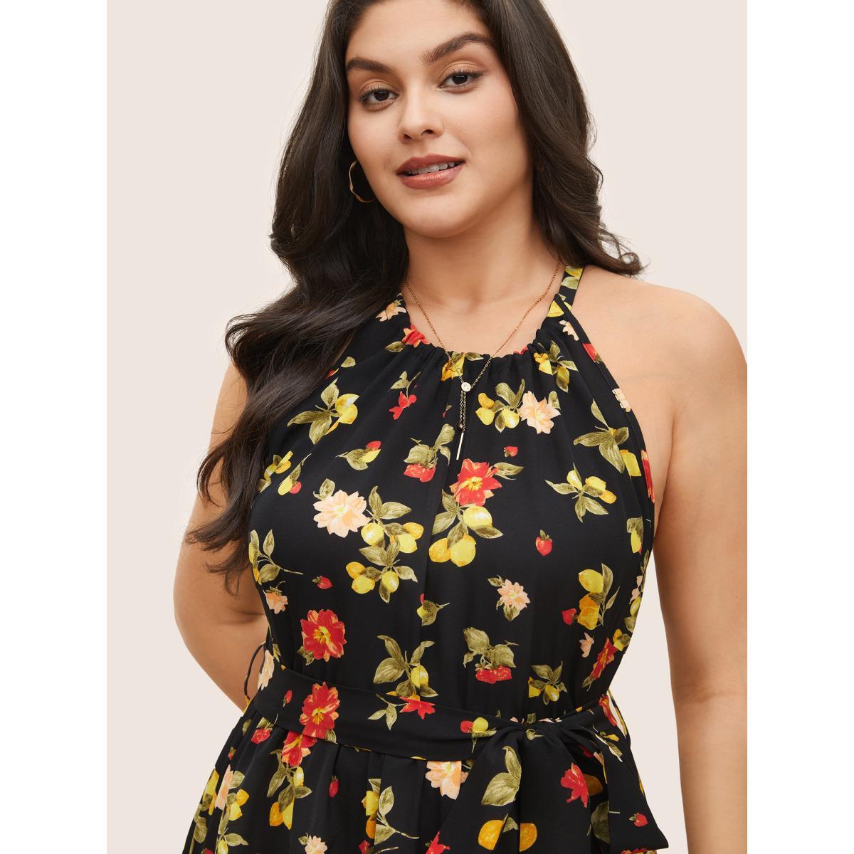 Plus Size Citrus Lemon & Floral Print Belted Halter Dress Black Women Elegant Non Halter neck Sleeveless Curvy Midi Dress BloomChic 14-16/1X Product Image