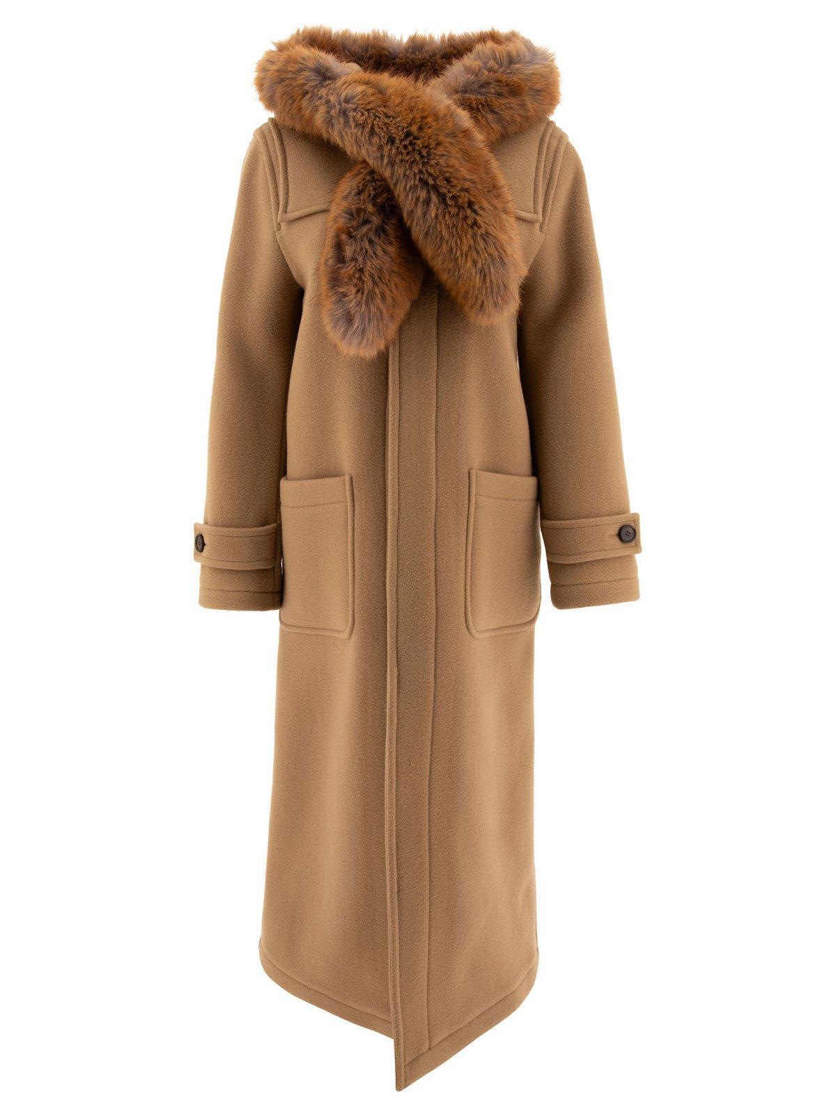 BURBERRY Faux Fur Trim Wool Duffle Coat Coats Beige In Brown Product Image