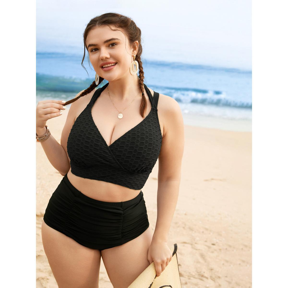 Plus Size Plain Textured Wrap Tie Knot Swim Top Women's Swimwear Black Beach Tie knot High stretch Skinny Overlap Collar Curve Swim Tops BloomChic 10/M Product Image