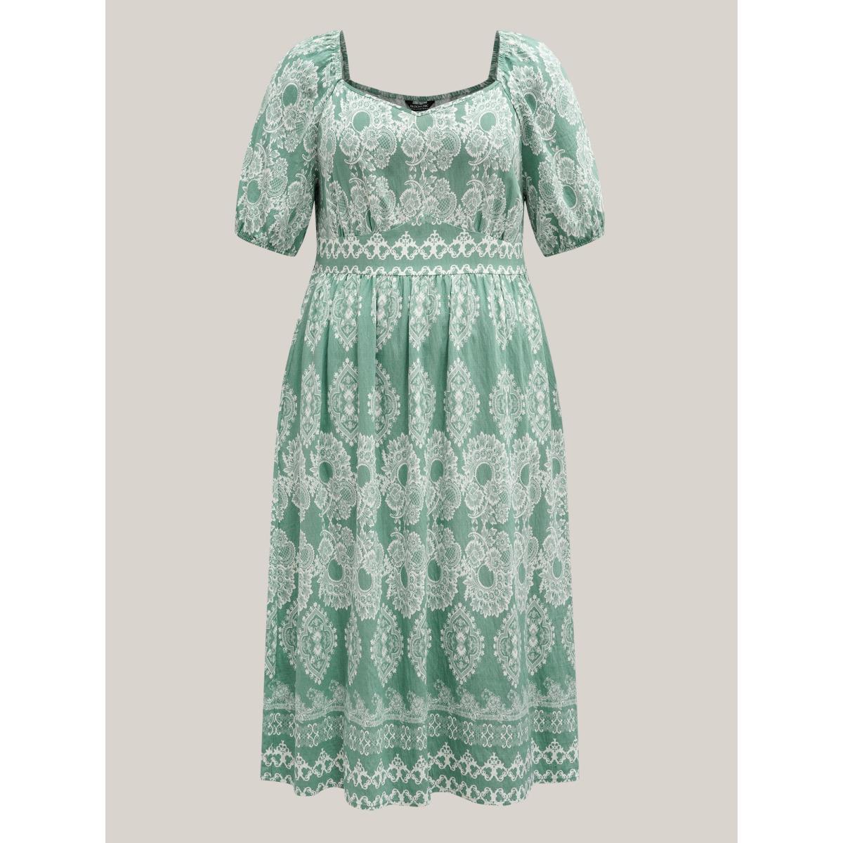 Plus Size Boho Print Waist Defining Midi Dress Sage Women Resort Non Heart neckline Half Sleeve Curvy BloomChic 14-16/1X Product Image