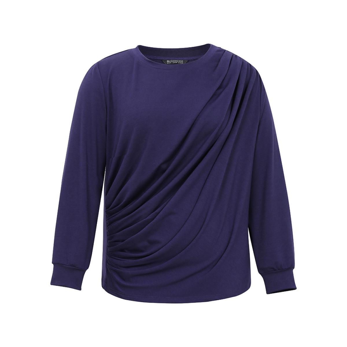 Plus Size Plain Pleated Round Neck Slightly Stretchy Sweatshirt Women Eggplant Casual Plain Round Neck Everyday Sweatshirts BloomChic 28/5X Product Image