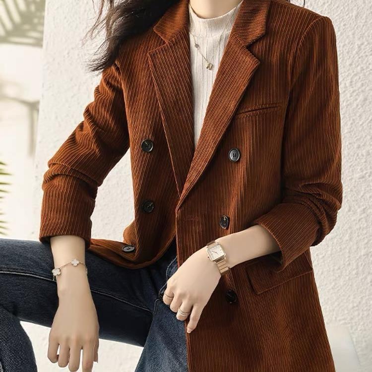 Lapel Collared Corduroy Double-Breasted Long Blazer Product Image