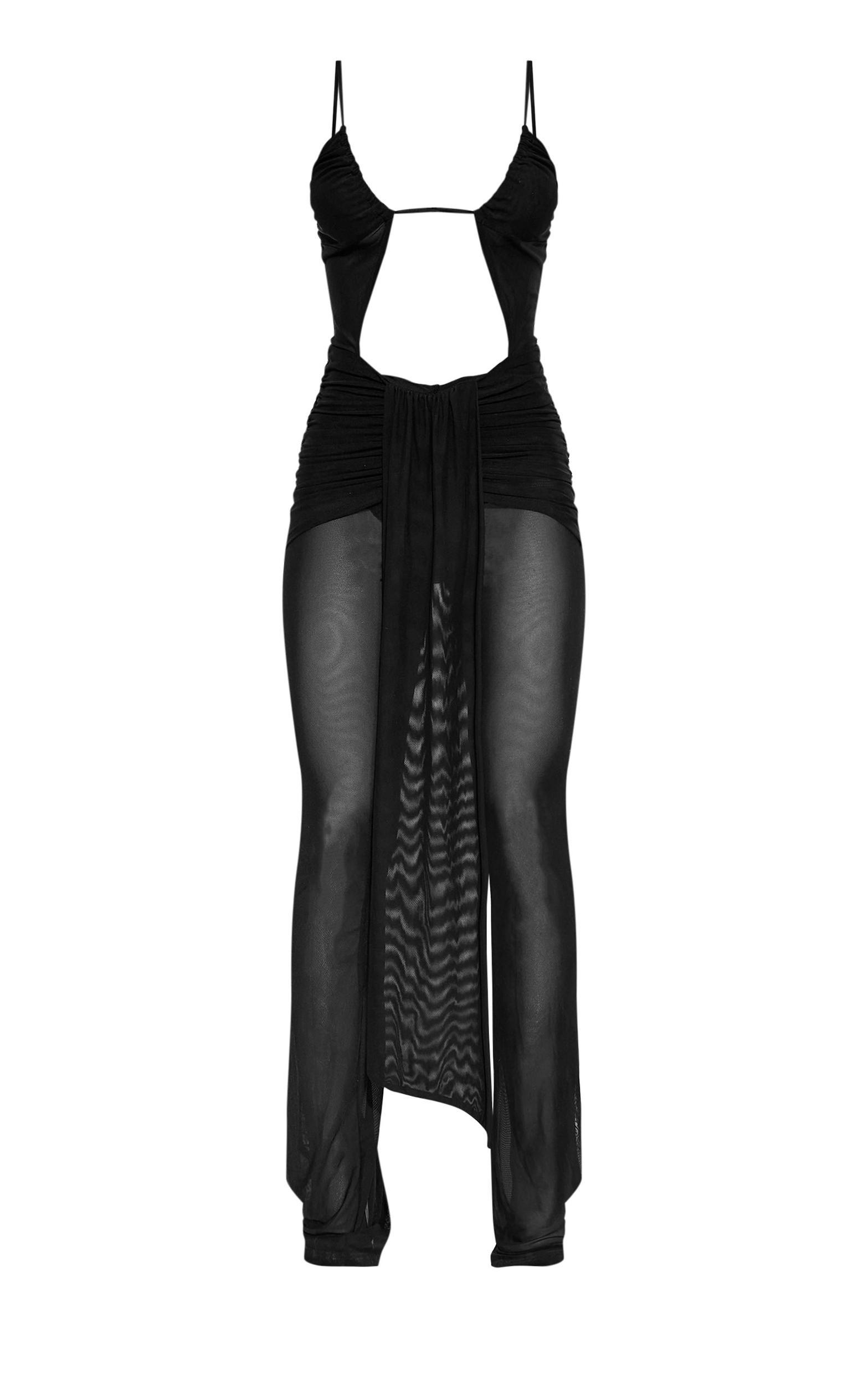 Black Mesh Ruched Panel Flared Jumpsuit Product Image