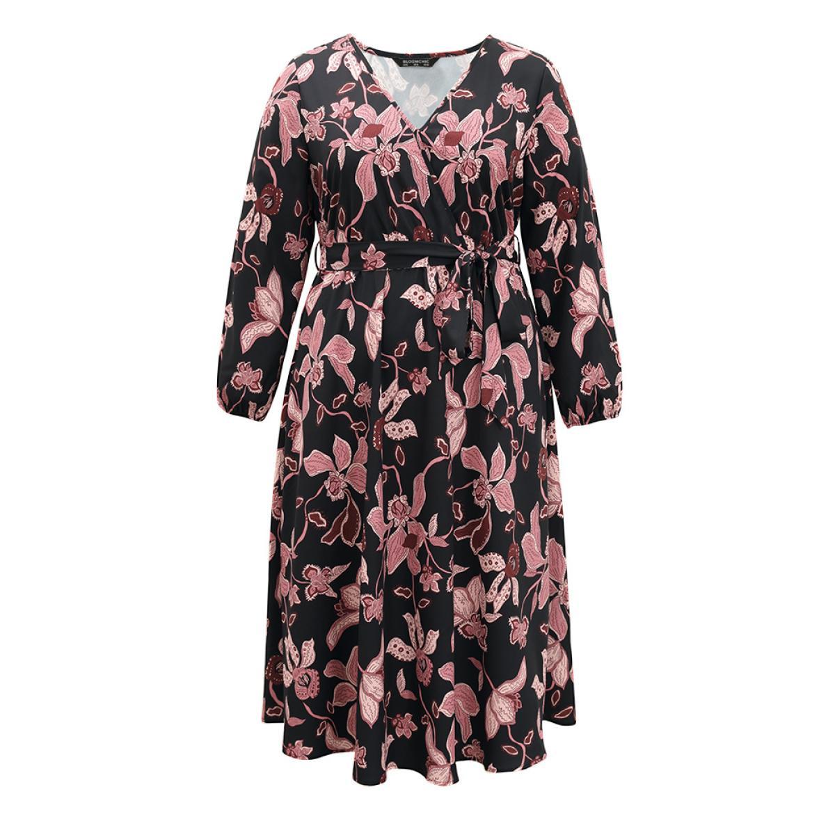 Plus Size Floral Lantern Sleeve Belted Overlap Collar Dress Black Women Elegant Elastic cuffs Overlap Collar Long Sleeve Curvy Midi Dress BloomChic 14-16/1X Product Image