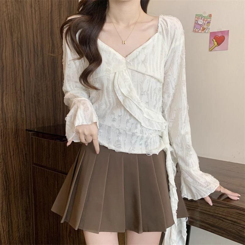 Long-Sleeve Plain Asymmetrical Ruffle Trim Distressed Slim Fit T-Shirt Product Image