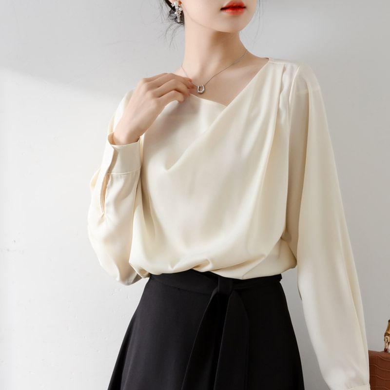 Cowl Neck Long Sleeve Plain Blouse Product Image