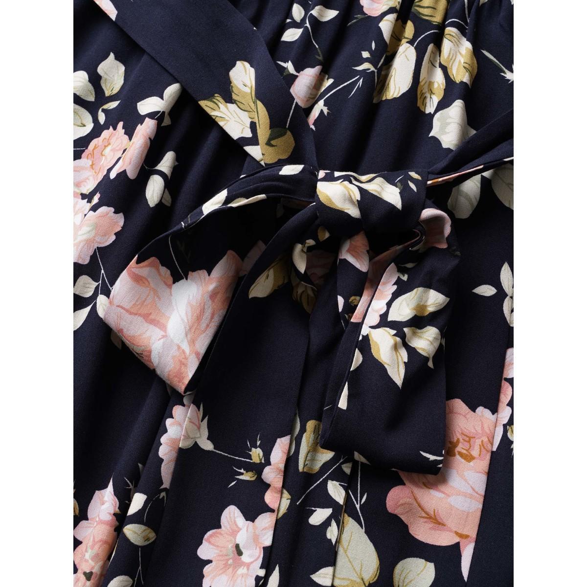 Plus Size Floral Wrap Elastic Waist Belted Sleeveless Dress DarkBlue Women Elegant Non Spaghetti Strap Sleeveless Curvy Midi Dress BloomChic 30/6X Product Image