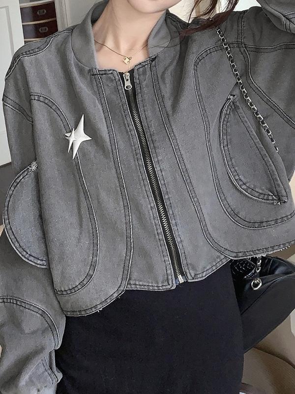 Gray Wash Curvy Hem Zip Up Short Jacket Product Image