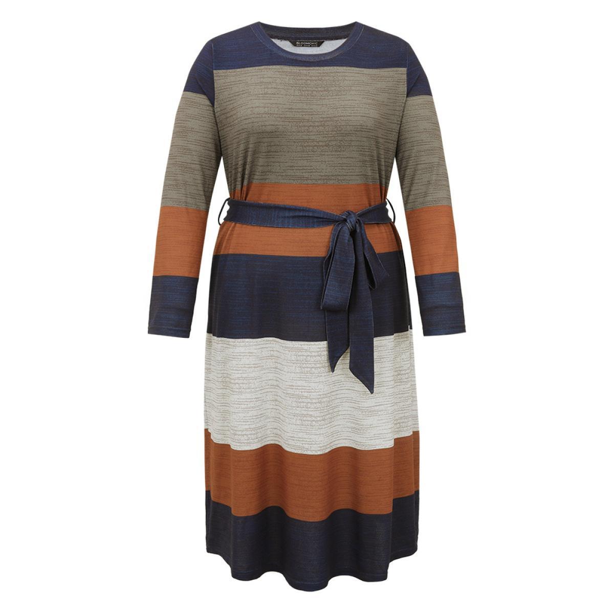 Plus Size Colorblock Contrast Heather Belted Dress Multicolor Women Casual Non Round Neck Long Sleeve Curvy Midi Dress BloomChic 22-24/3X Product Image