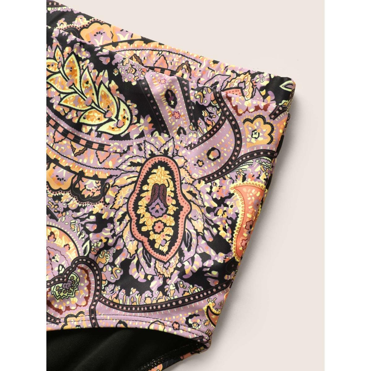 Plus Size Paisley Print Wrap Contrast Trim Swim Dress Women's Swimwear Black Beach Bodycon V-neck High stretch Curve Swim Dresses BloomChic 10/M Product Image