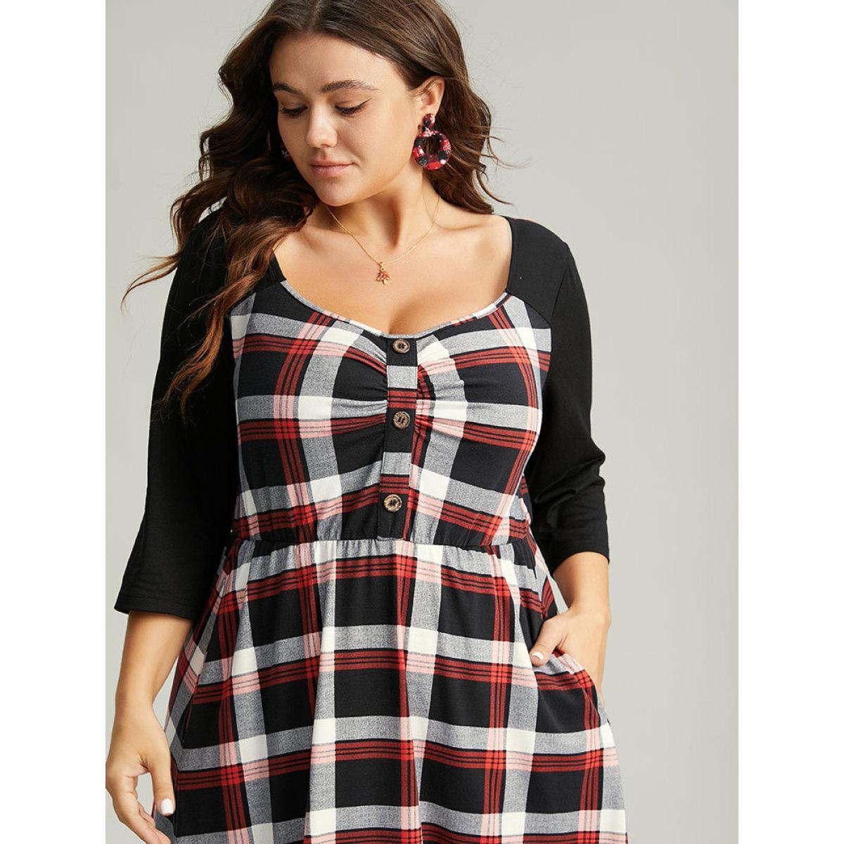 Plus Size Christmas Plaid Patchwork Pleated Square Neck Dress Red Women Office Printed Square Neck Elbow-length sleeve Curvy Midi Dress BloomChic 30/6X Product Image
