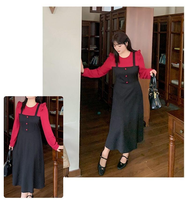 Plus Size Mock Two-Piece Long-Sleeve Round Neck Ruffle Trim Midi A-Line Dress Product Image