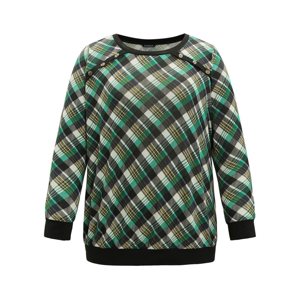 Plus Size Plaid Button Detail Elastic Cuffs Crew Neck Sweatshirt Women Green Casual Elastic cuffs Round Neck Dailywear Sweatshirts BloomChic 28/5X Product Image