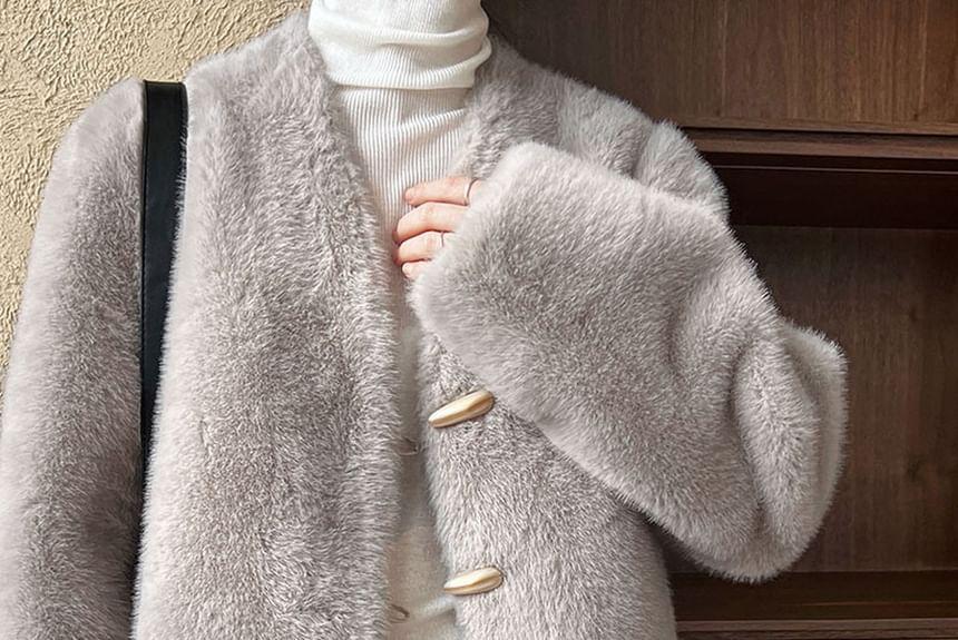 V-Neck Plain Faux Fur Toggle Jacket Product Image