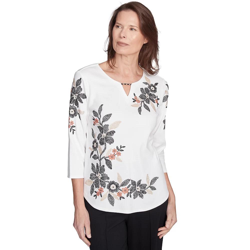 Alfred Dunner Women's Earthy Floral Embroidered Textured Top, Size: XL, Natural Product Image