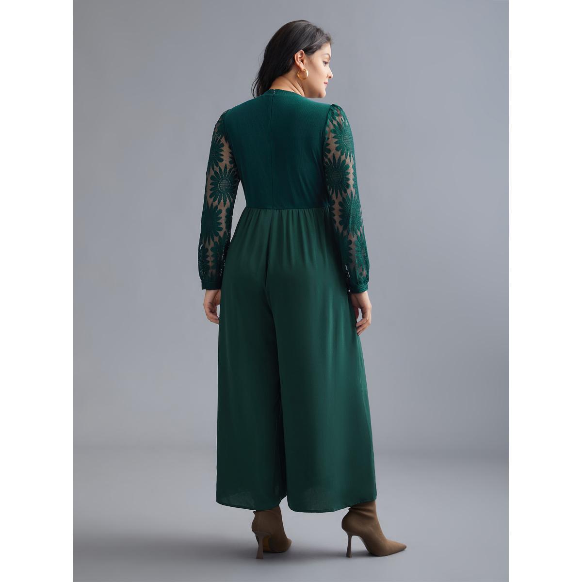 Plus Size Truegreen Crochet Lace Mesh Mock Neck Jumpsuit Women Elegant Long Sleeve Mock Neck Everyday Loose Jumpsuits BloomChic 18-20/2X Product Image