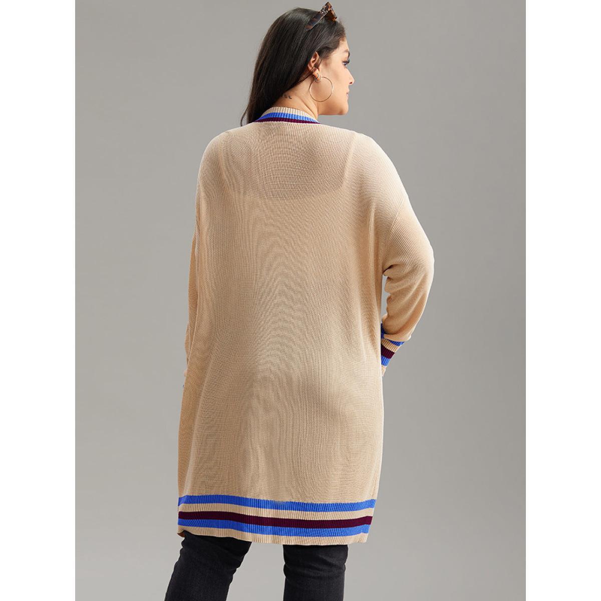 Plus Size Contrast Striped Patched Pocket Drop Shoulder Cardigan Champagne Women Casual Loose Long Sleeve Dailywear Cardigans BloomChic 18-20/2X Product Image