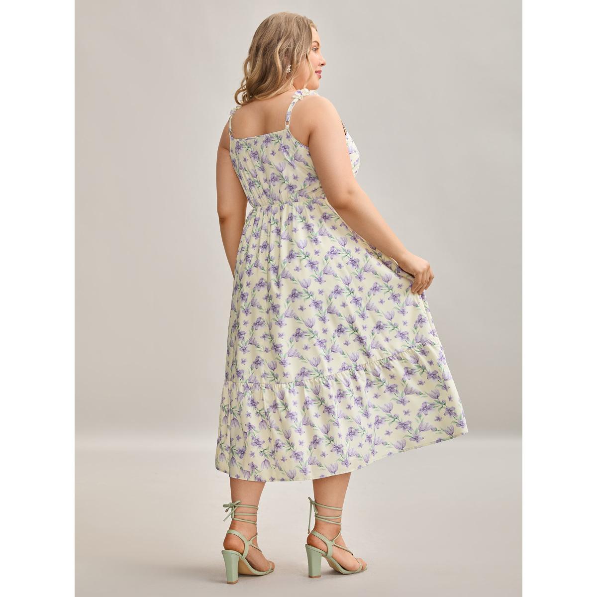 Plus Size Vine Floral Pockets Stretchy Waist Midi Dress Lightyellow Women Elegant Gathered V-neck Sleeveless Curvy BloomChic 30/6X Product Image