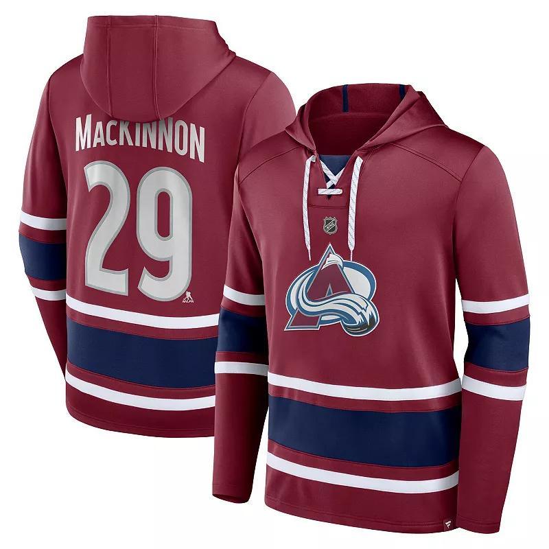Men's Fanatics Branded Nathan MacKinnon Burgundy Colorado Avalanche Name & Number Lace-Up Pullover Hoodie, Size: 5XL, Med Re Product Image