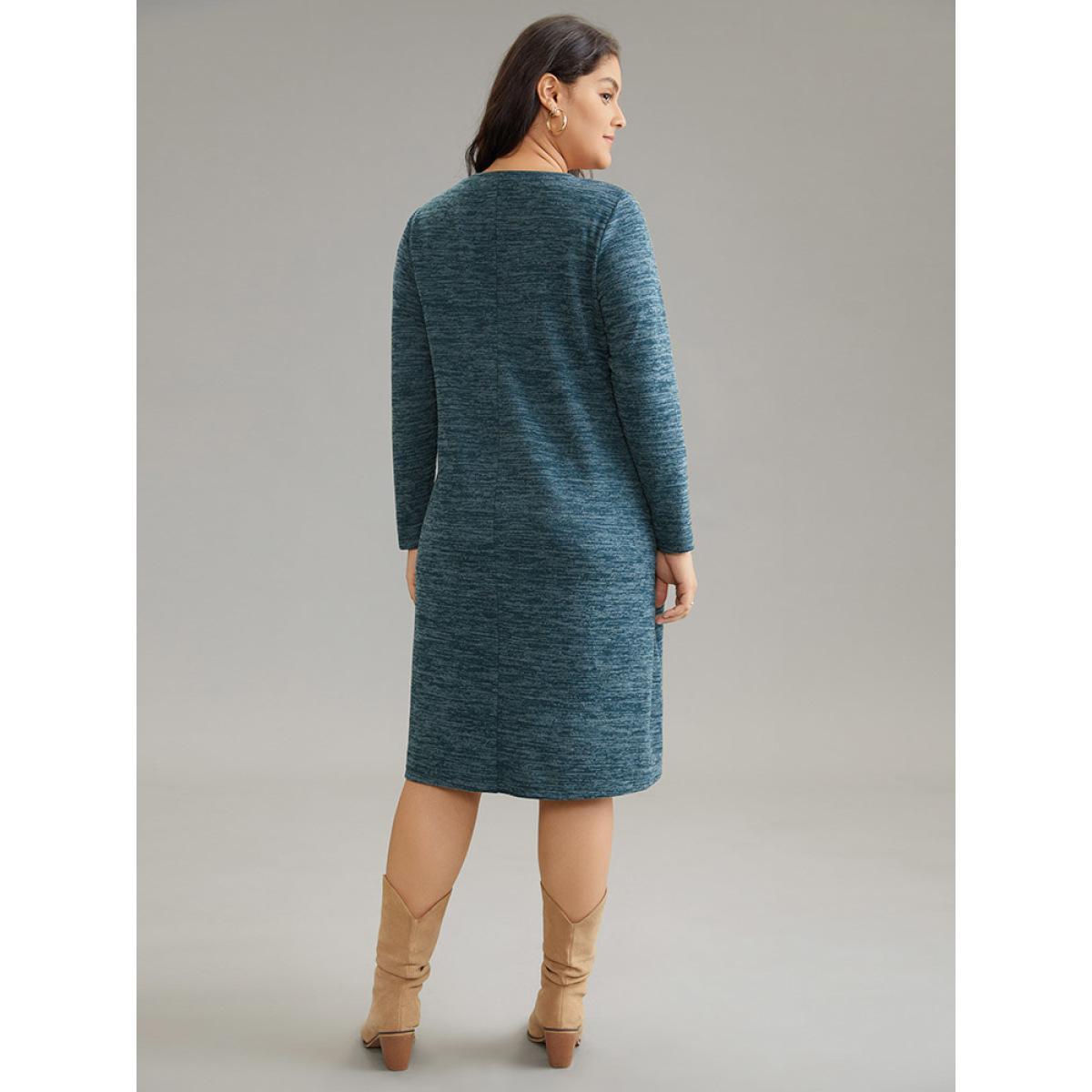 Plus Size Sequin Heather Pocket Long Sleeve Dress Aegean Women Basics Sequin Round Neck Long Sleeve Curvy Midi Dress BloomChic 26/4X Product Image