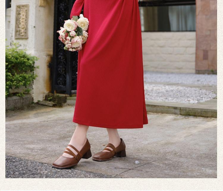 Long Sleeve V-Neck Plain Ruffle Ruched Maxi A-Line Dress Product Image