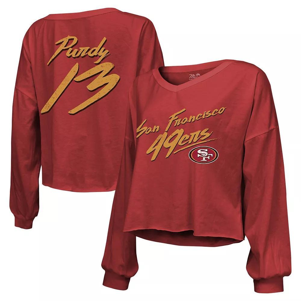 Women's Majestic Threads Brock Purdy Scarlet San Francisco 49ers Name & Number Script Off-Shoulder Cropped Long Sleeve T-Shirt, Size: 2XL, Red Product Image